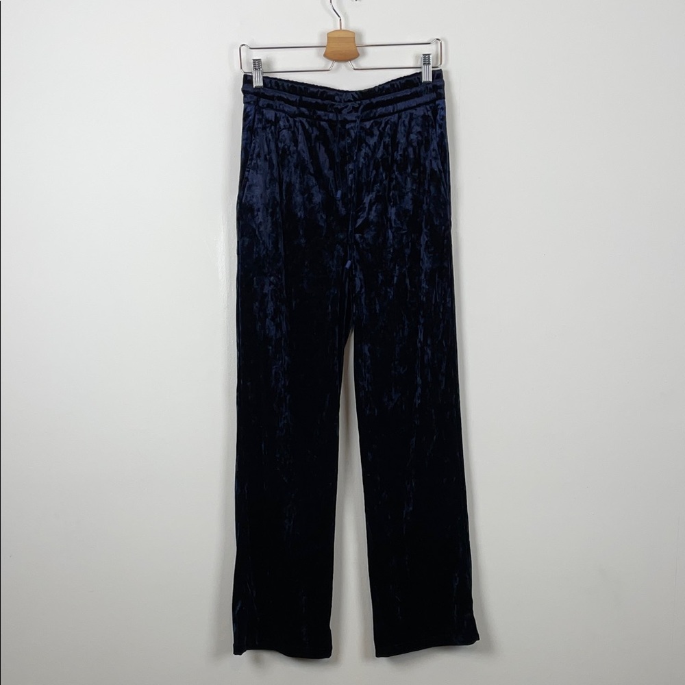 Zara Crushed Velvet Flare Drawstring Waist 3 Pocket Women's S Navy Blue Pants
